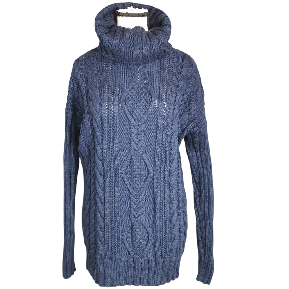 Athleta Merino Wool Chunky Cable Knit Cowl Neck Navy Sweater Sz S Open To Offers
